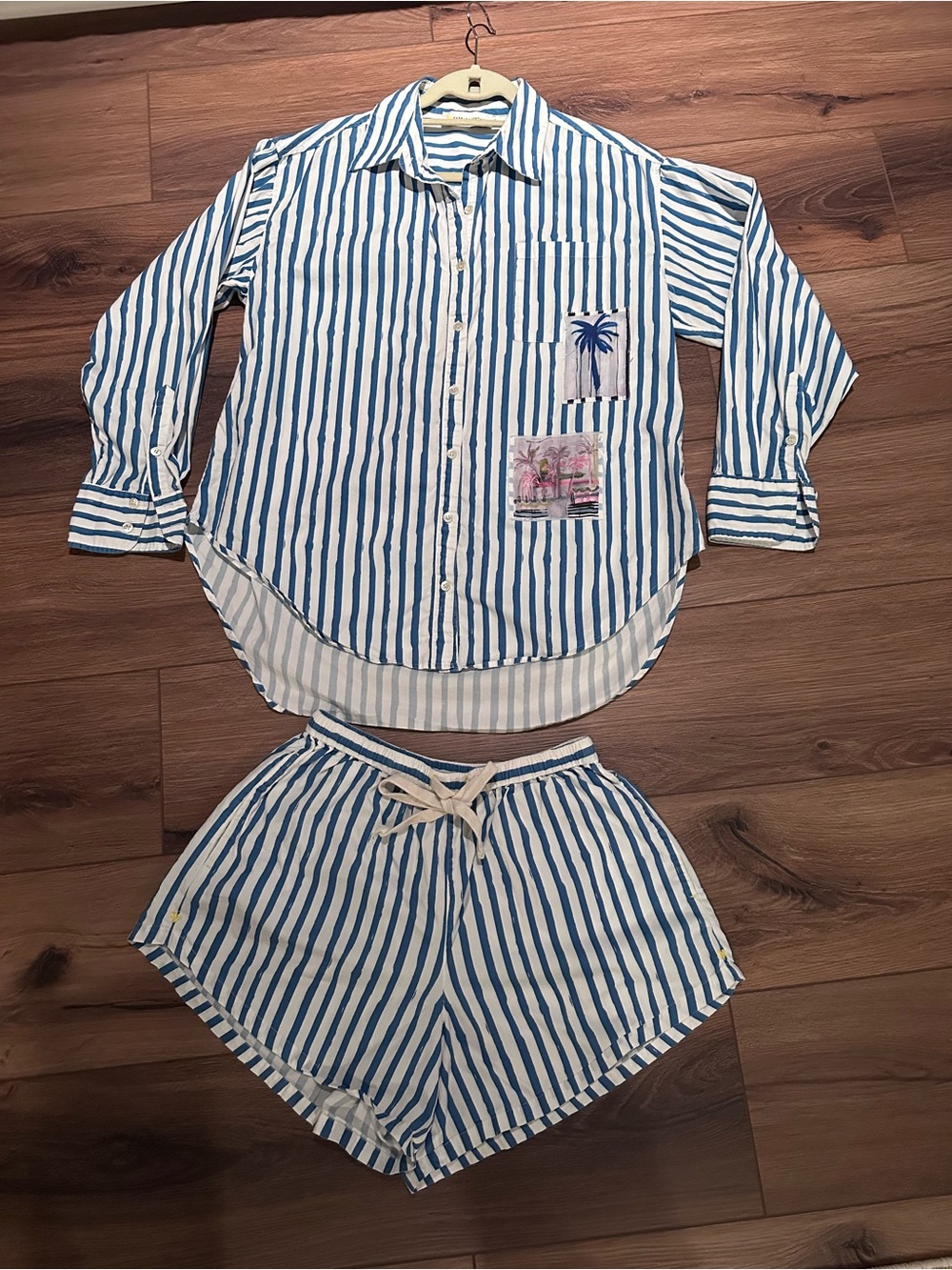 Kerri Rosenthal Blue & White Striped Kids Pajama Set - Button-Up Top & Shorts